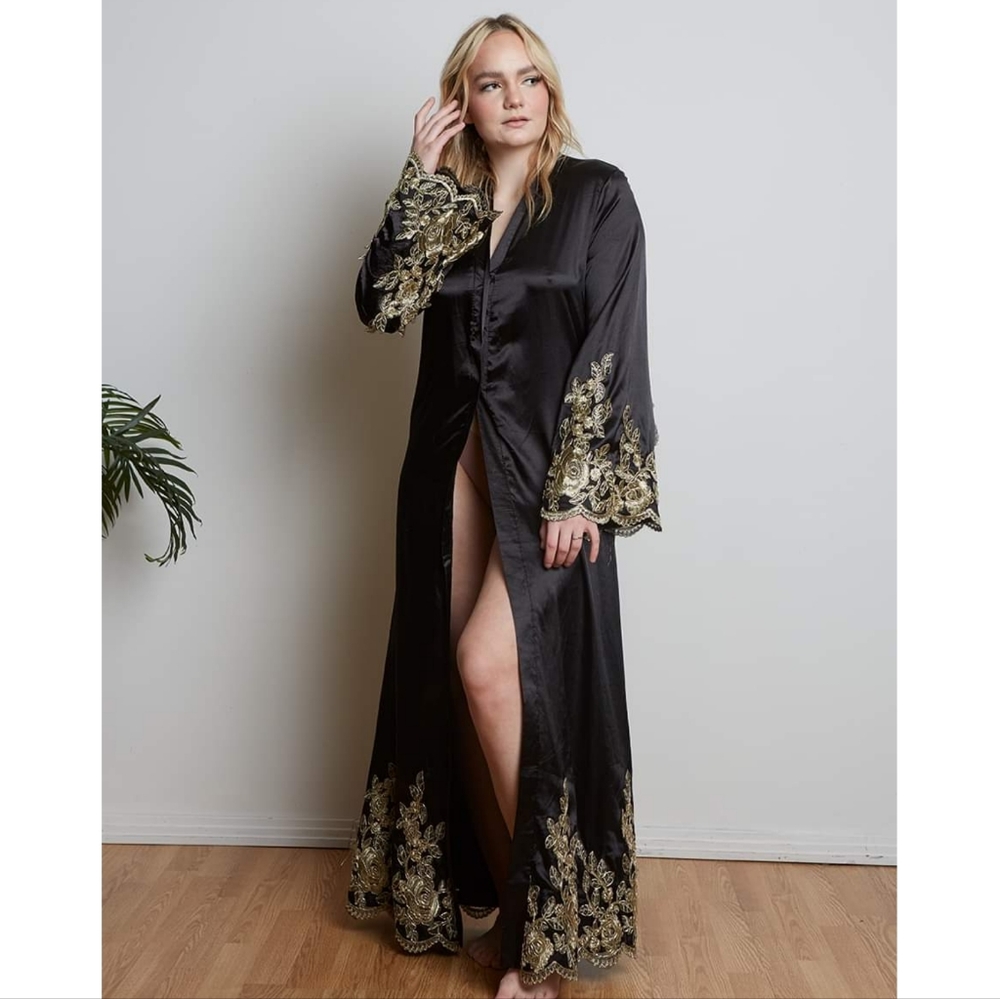 Satin Black Robe with Gold Applique M